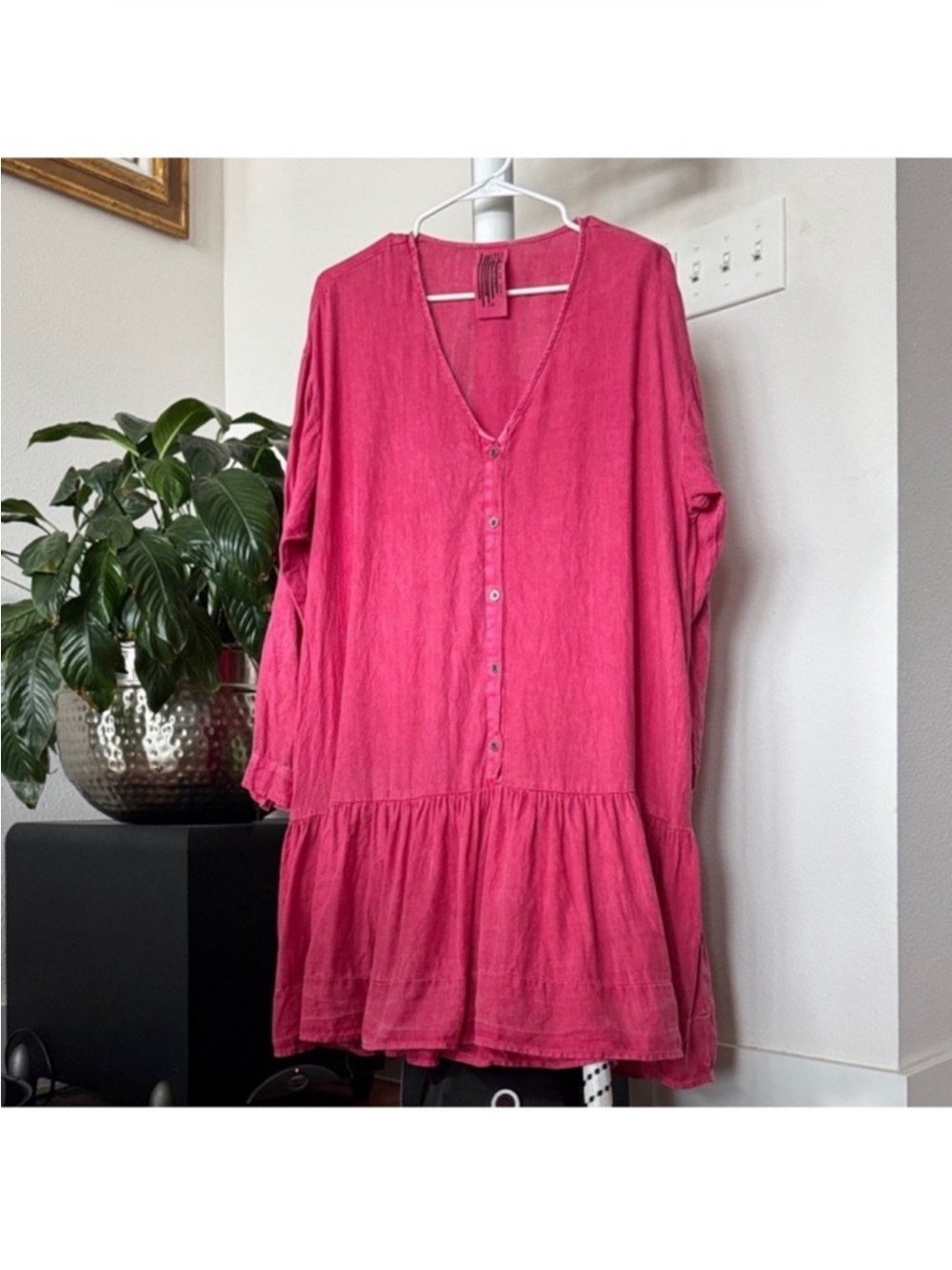 Free people Oversized Button Front Dress Sz L Pink Long Sleeve V Neck Faded